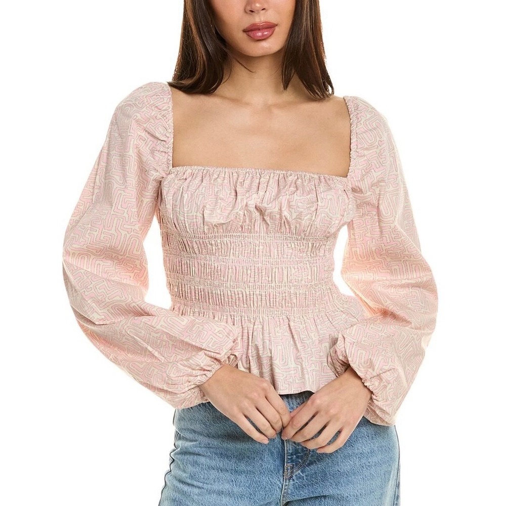 Staud Jules Smocked Long Sleeve Top Pastel Maze Pink Size XS